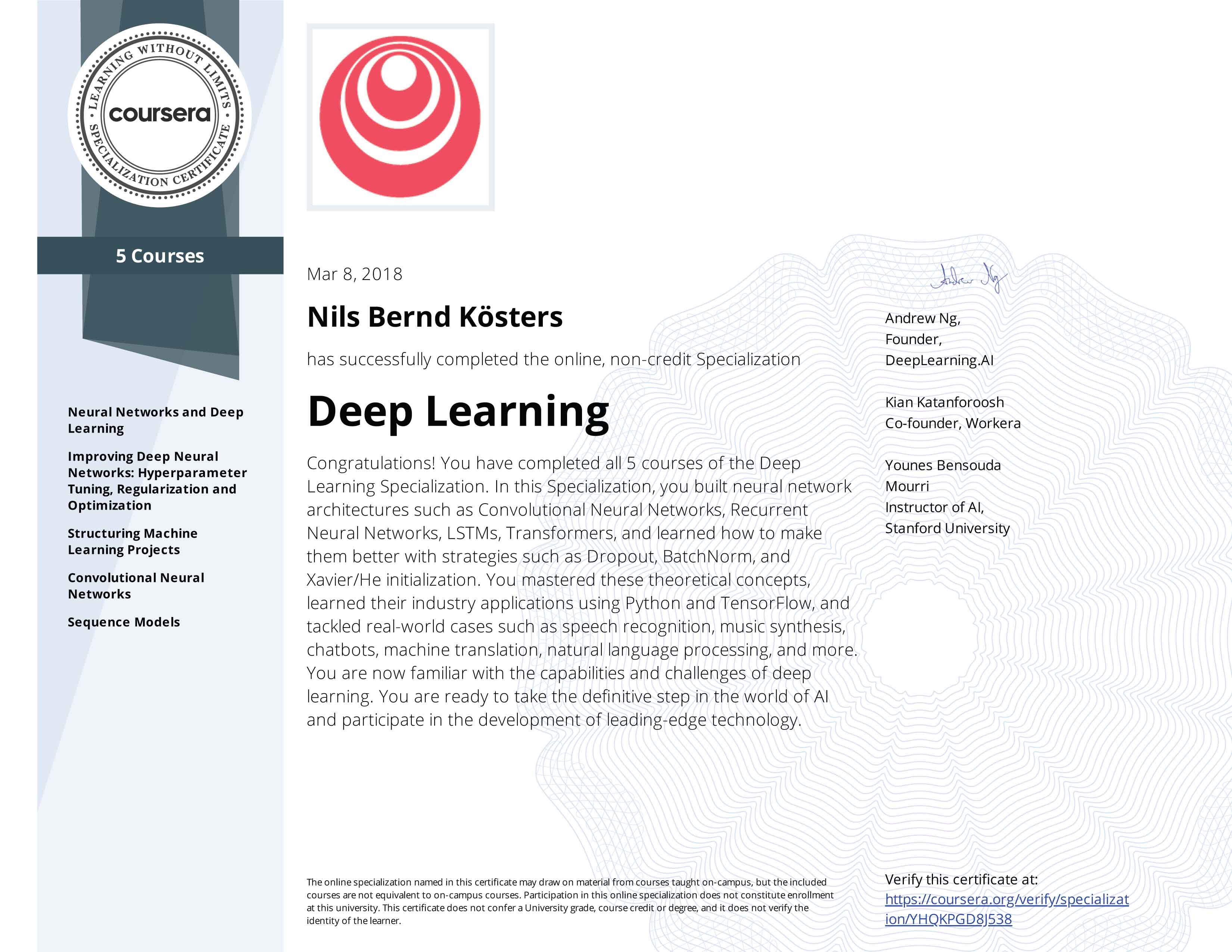 Deep Learning Specialisation Certificate