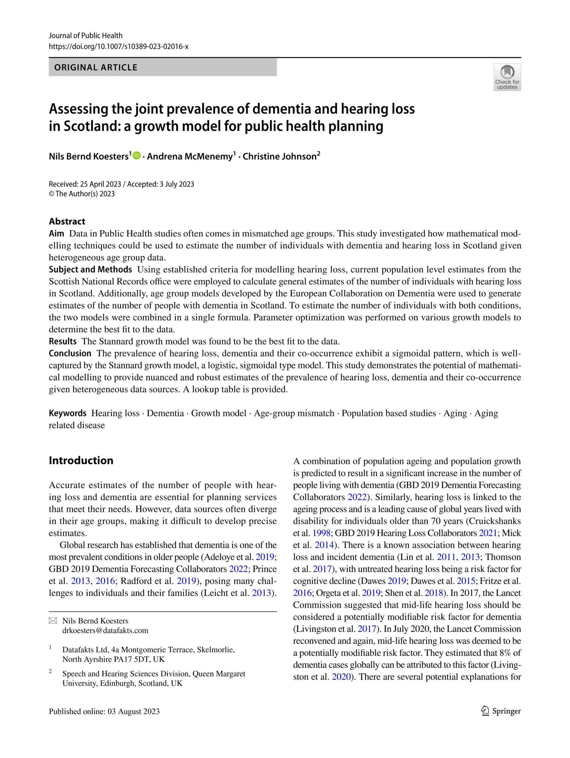 Assessing the joint prevalence of dementia and hearing loss in Scotland: a growth model for public health planning
