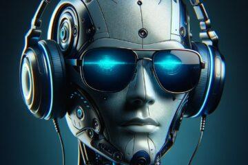 The image features a futuristic android equipped with headphones and sunglasses, showcasing a cool and modern aesthetic. The design is sleek, highlighting the android's advanced technological capabilities, with stylish and cutting-edge accessories that emphasize sophistication and connectivity.