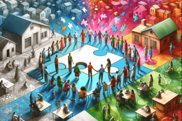 This vibrant image portrays a metaphorical representation of community connection and diversity morphing into unity. The left side shows a grayscale cityscape with individuals and separated puzzle pieces, symbolizing isolation. As the eye moves right, the scene bursts into color where the puzzle pieces connect amidst a lively, colorful backdrop of an urban skyline. People of varied ages and abilities come together to complete the puzzle, transforming the disconnected into a cohesive, harmonious community. The environment transitions from monochrome to vivid greenery, symbolizing growth and positivity through collective effort and inclusivity.